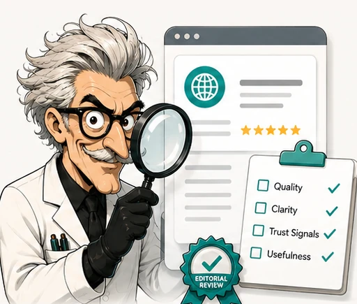 Doctor SEO reviewing a website with a magnifying glass and editorial checklist