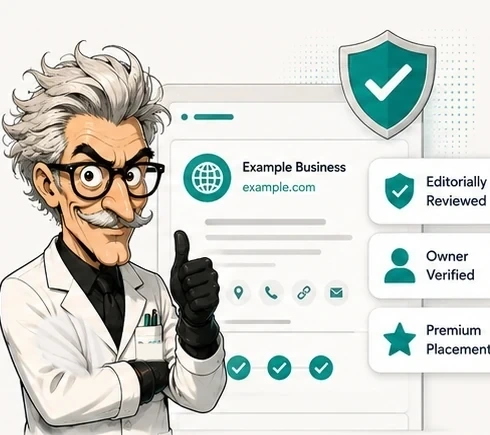 Doctor SEO beside a reviewed website profile with editorial, owner verification and premium placement labels